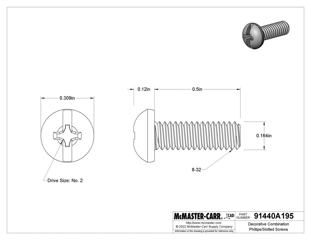 Technical Drawing of Decorative Combination Phillips/Slotted Screws, Round Head, 8-32 Thread, 1/2" Long.